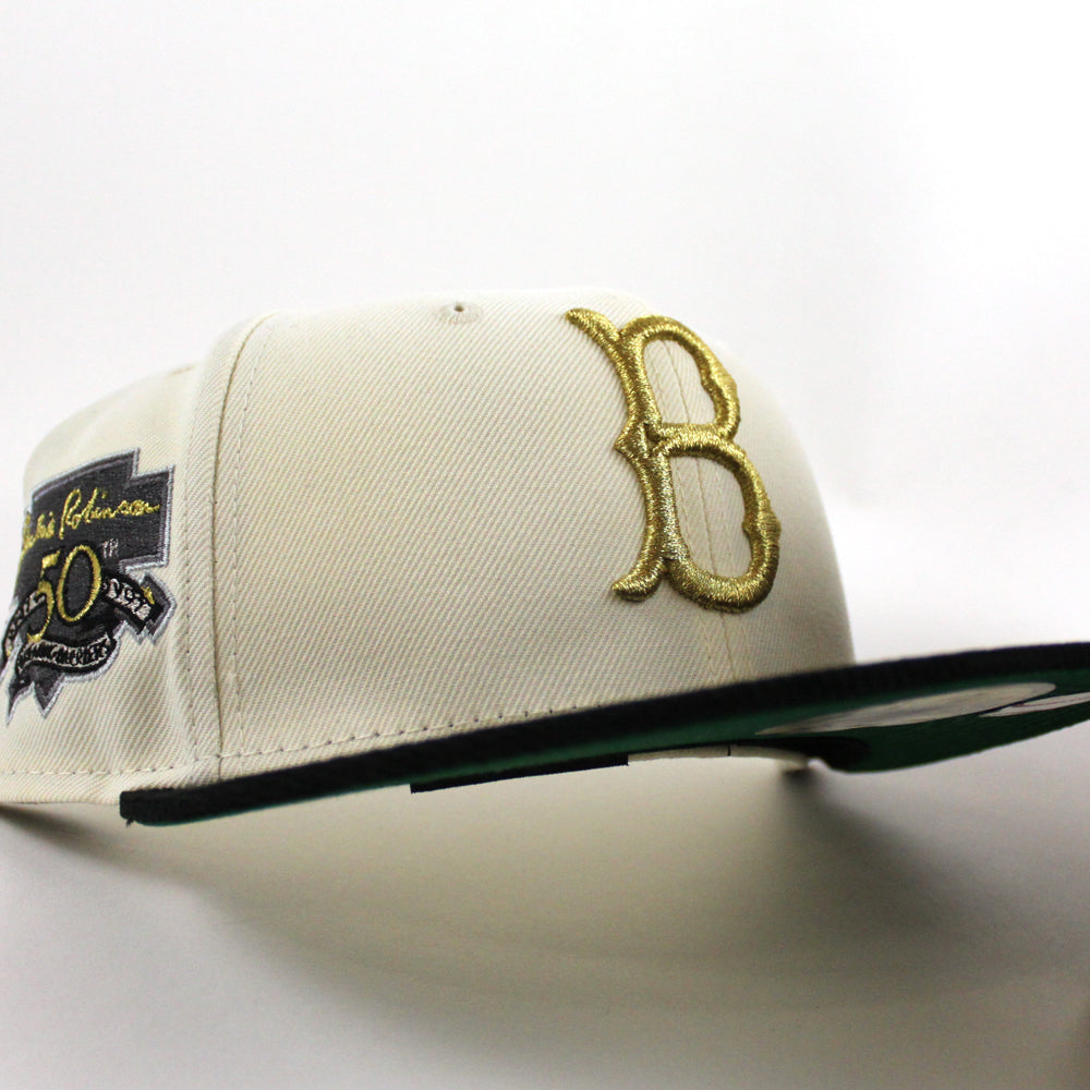 Brooklyn Dodgers 42 Jackie Robinson New Era 59FIFTY Fitted Hat (Chrome White Corduroy Green Under BRIM) 7 1/2