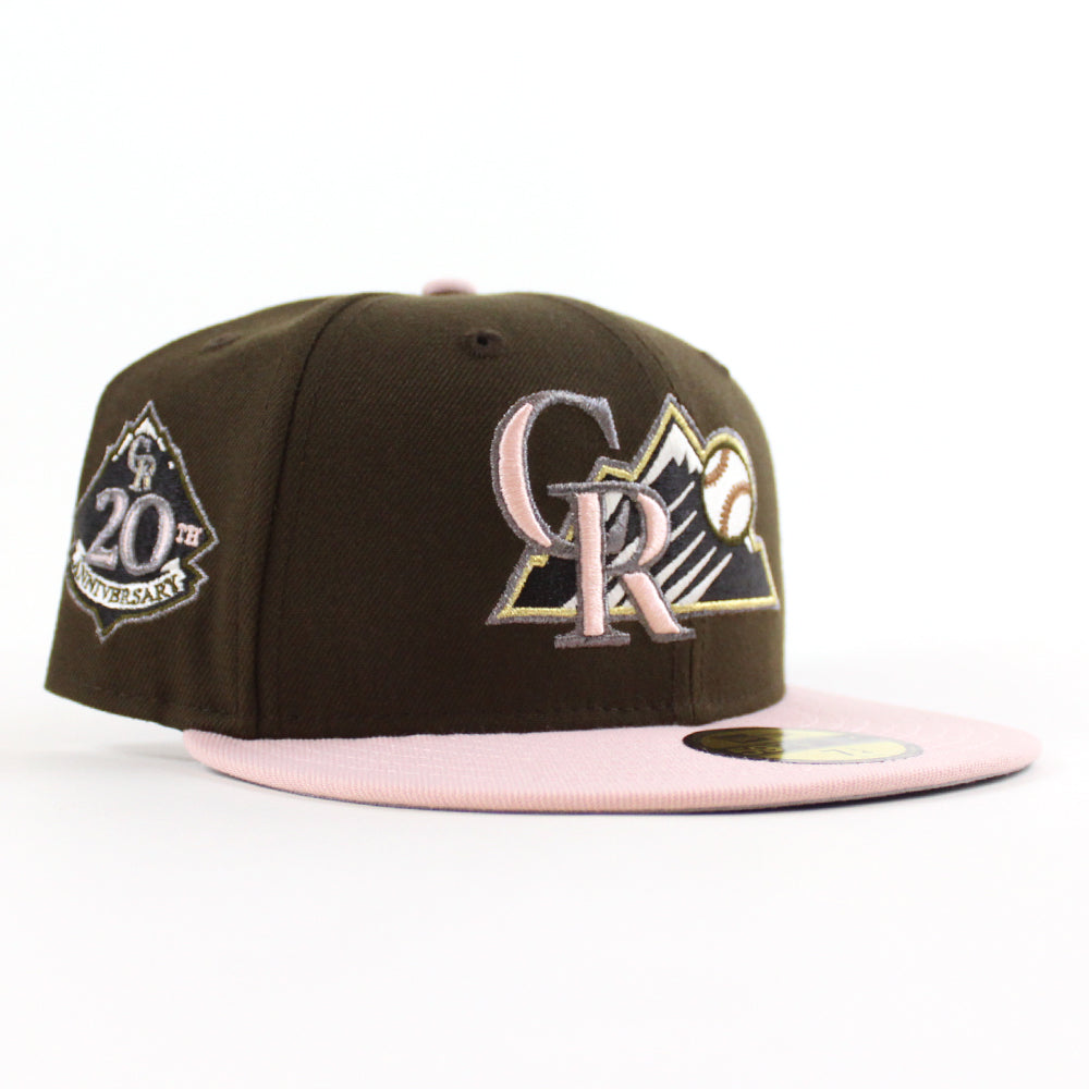 Colorado Rockies 20th Anniversary New Era 59FIFTY Fitted Hat (Walnut Rouge Pink Gray Under BRIM) 7 3/4