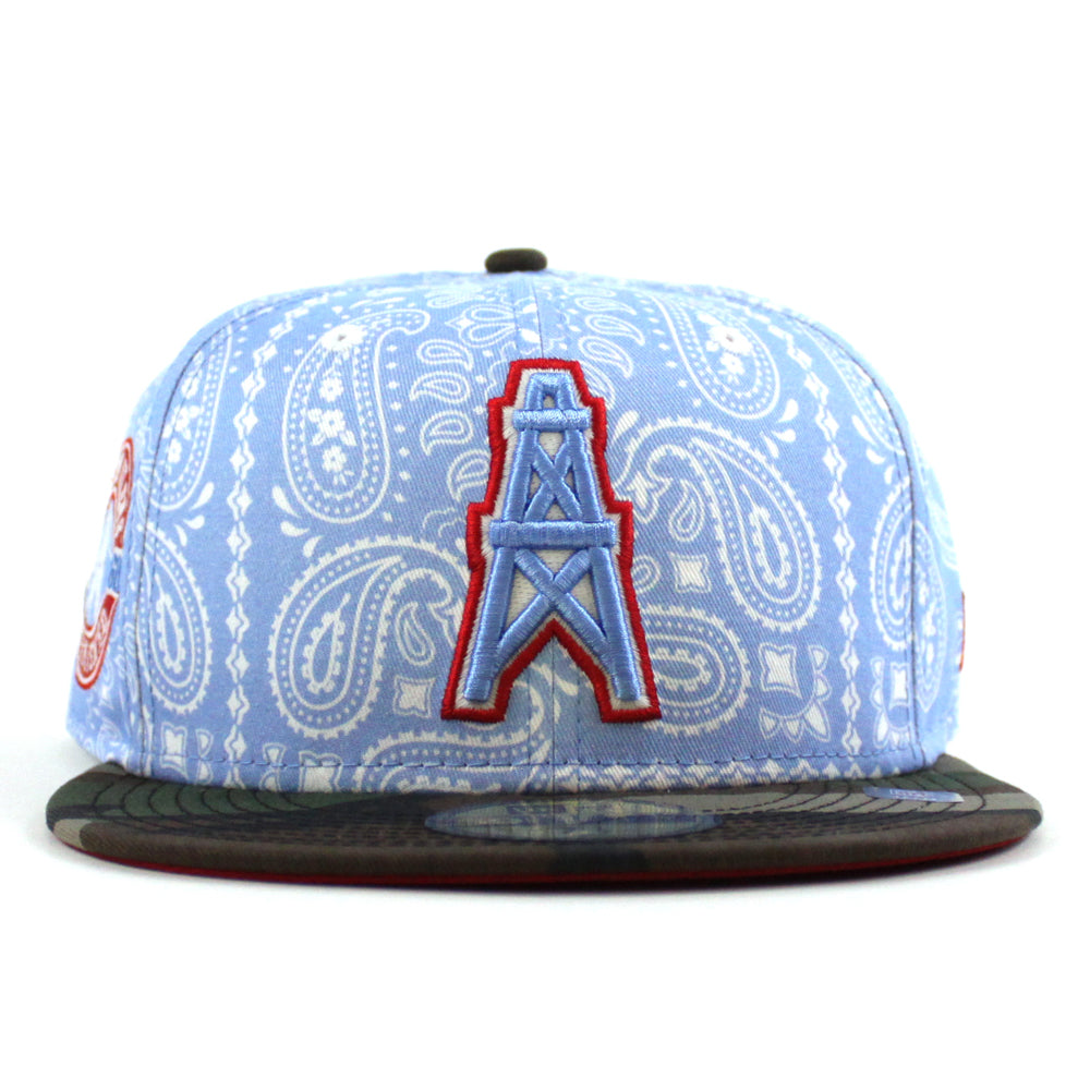 🚨PRE-ORDER🚨 HOUSTON OILERS New Era 59Fifty Fitted Hat (Sky Blue Paisley  WoodLand Camo Red Under Brim) 07262023