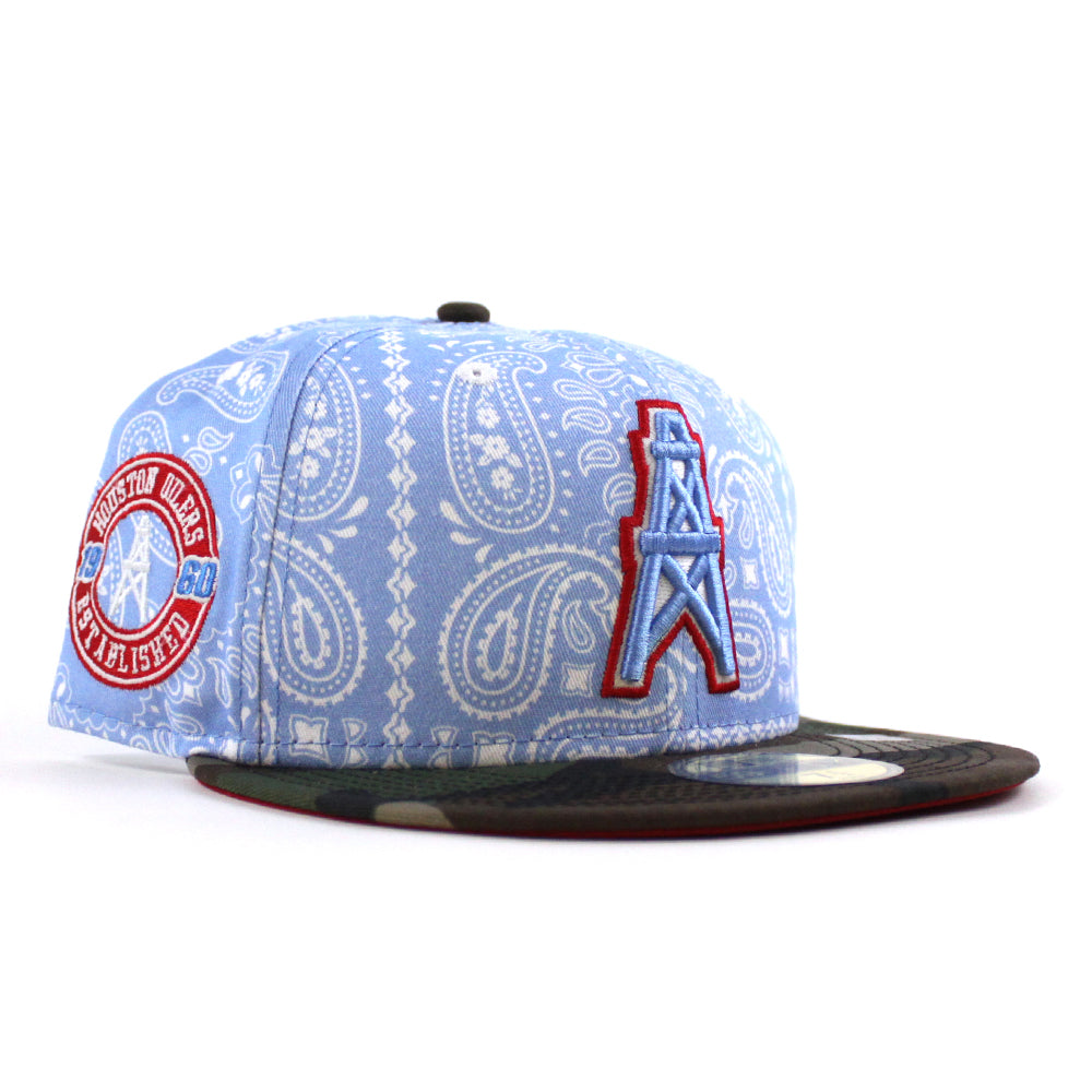 🚨PRE-ORDER🚨 HOUSTON OILERS New Era 59Fifty Fitted Hat (Sky Blue Paisley  WoodLand Camo Red Under Brim) 07262023