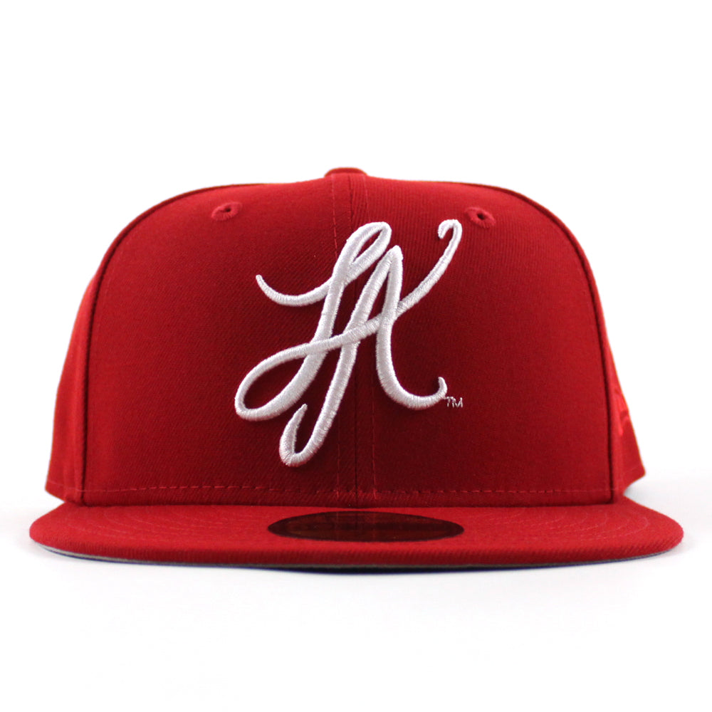 Side Script Hat LA Script New Era 59Fifty Hat (Scarlet Red GRAY UNDER BRIM) – ECAPCITY