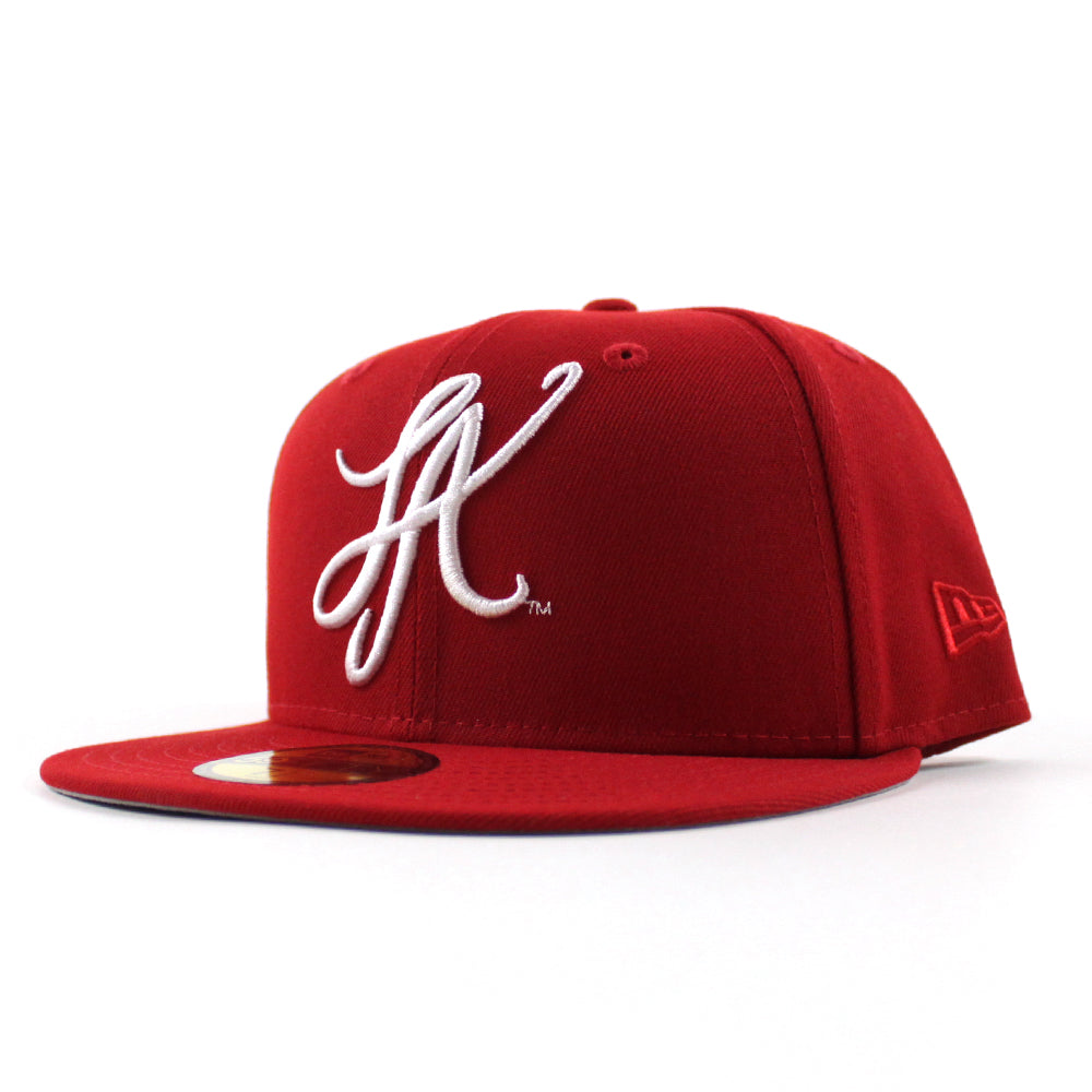 Side Script Hat LA Script New Era 59Fifty Hat (Scarlet Red GRAY UNDER BRIM) – ECAPCITY