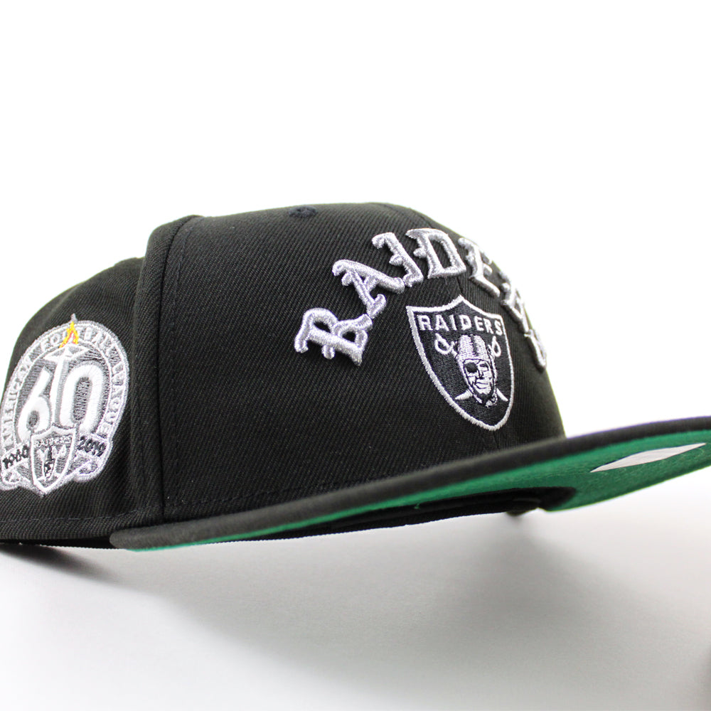 Las Vegas Raiders American Football League 60th Anniversary New Era 59FIFTY Fitted Hat (Black Green Under BRIM) 7 1/2