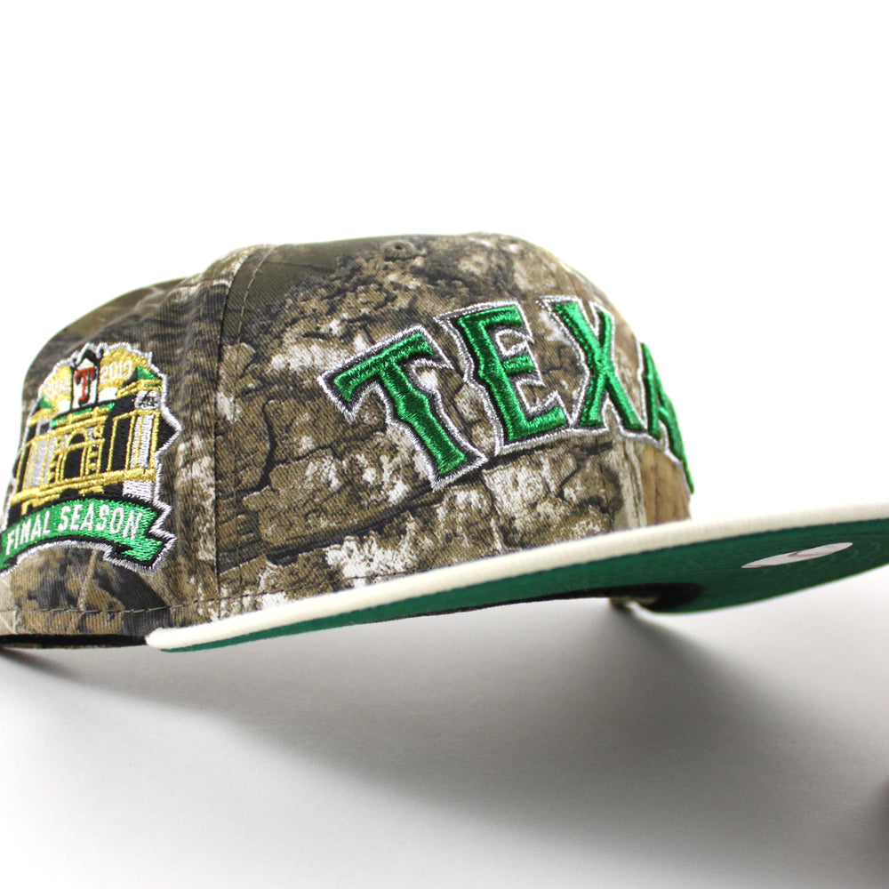 Texas Rangers Final Season New Era 59FIFTY Fitted Hat (Realtree Camo Chrome White Green Under BRIM) 7 3/4