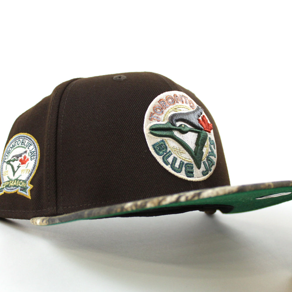 Toronto Blue Jays 40th Anniversary New Era 59FIFTY Fitted Hat (BurntWood Realtree Camo Green Under BRIM) 7 5/8