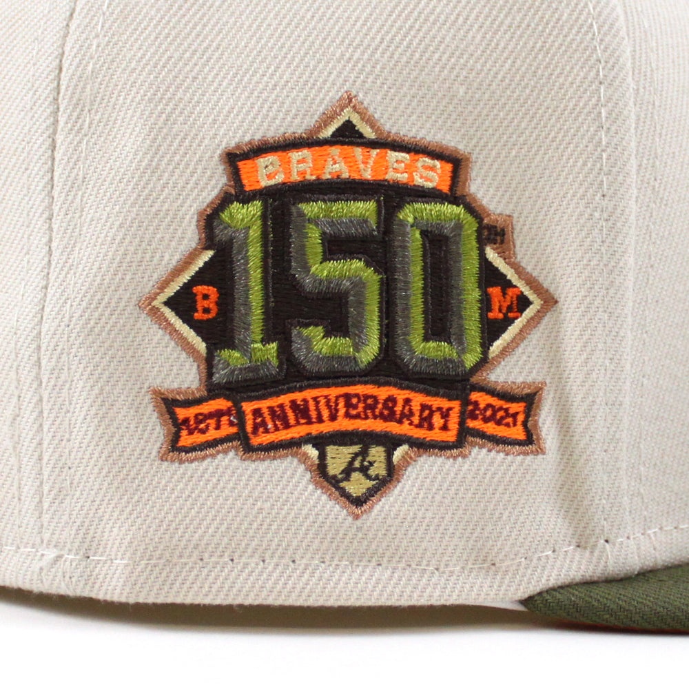 Atlanta Braves 150TH ANNIVERSARY New Era 59Fifty Fitted Hat (STONE NEW  OLIVE Fight Orange Under Brim)
