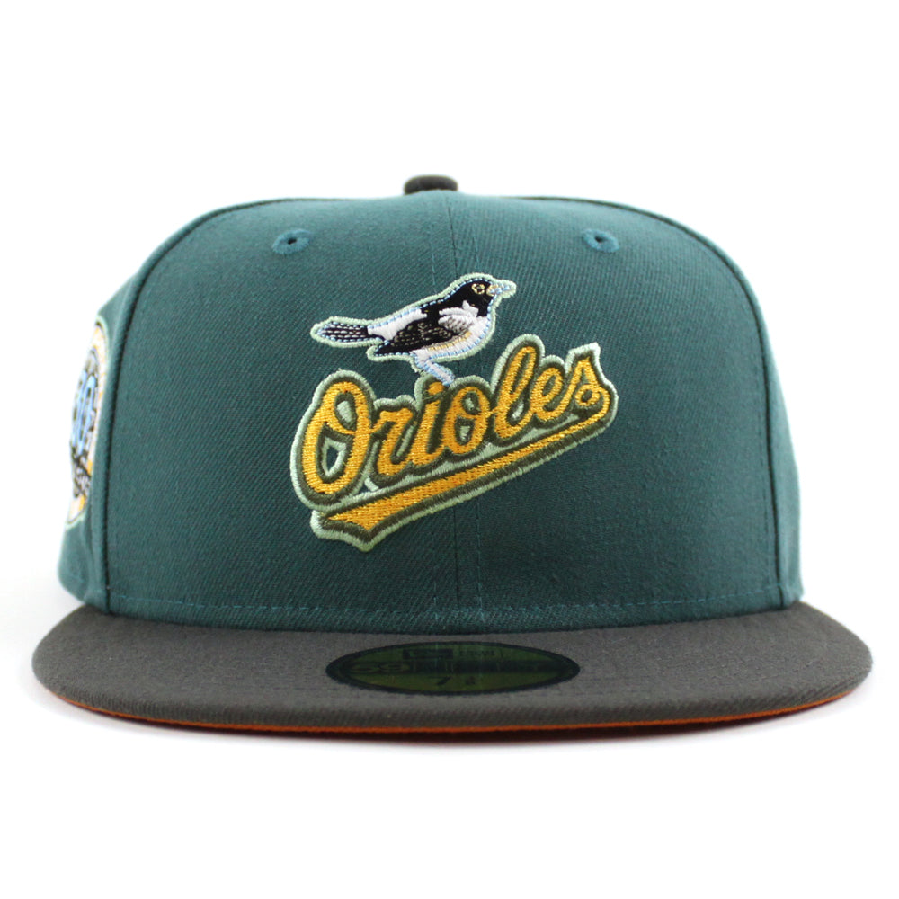 Baltimore Orioles 30th Anniversary 59FIFTY New Era Fitted Hat (Glow in The Dark Pine Green Pewter Flight Orange Under BRIM) 8