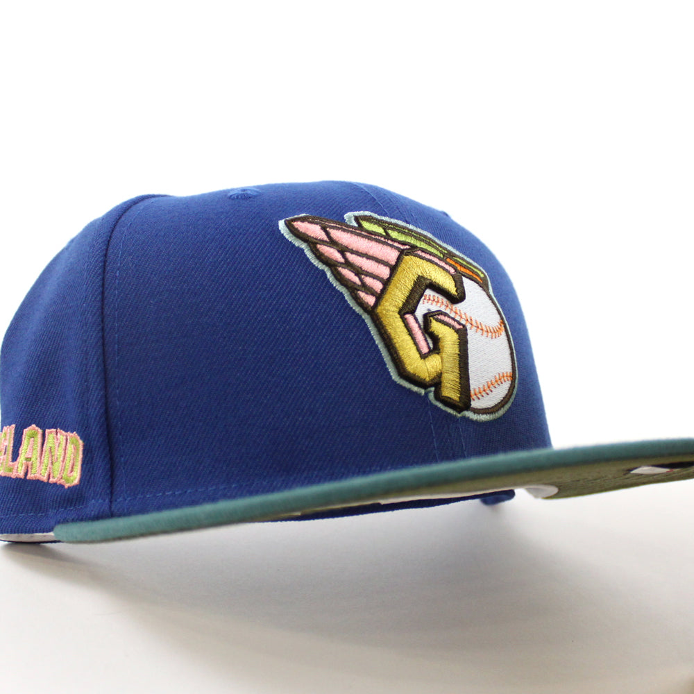 Cleveland Guardians CLEGUA Cleveland New Era 59FIFTY Fitted Hat (GITD Songbird Blue Pine Needle Green New Olive Under Brim 7 1/8