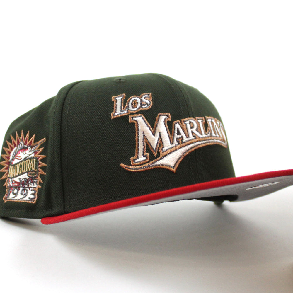 Los Florida Marlins 1993 Inaugural Season New Era 59FIFTY Fitted Hat (Seaweed Green Red Gray Under BRIM) 7 7/8