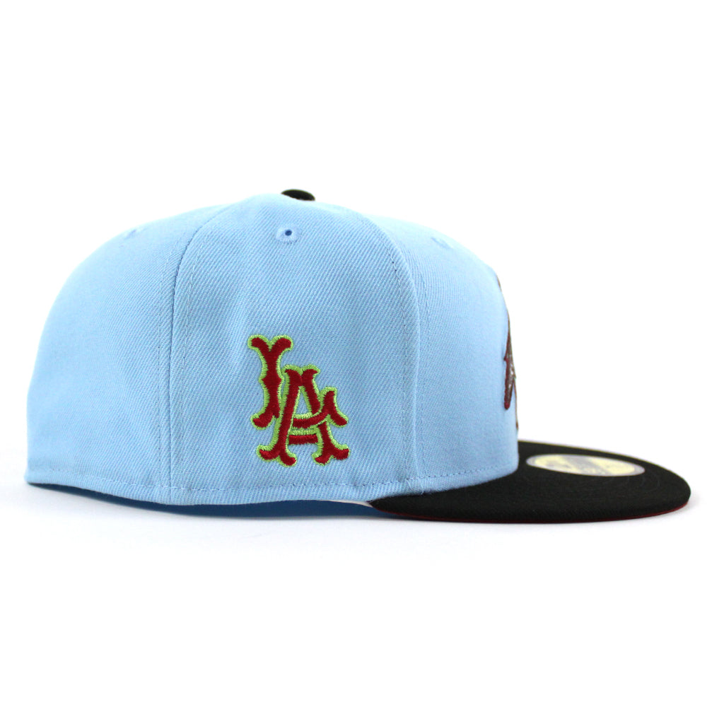 Los Angeles Angels La Patch New Era 59FIFTY Fitted Hat (DOSCIENTOS Blue Black Brick Red Under BRIM) 7 1/8