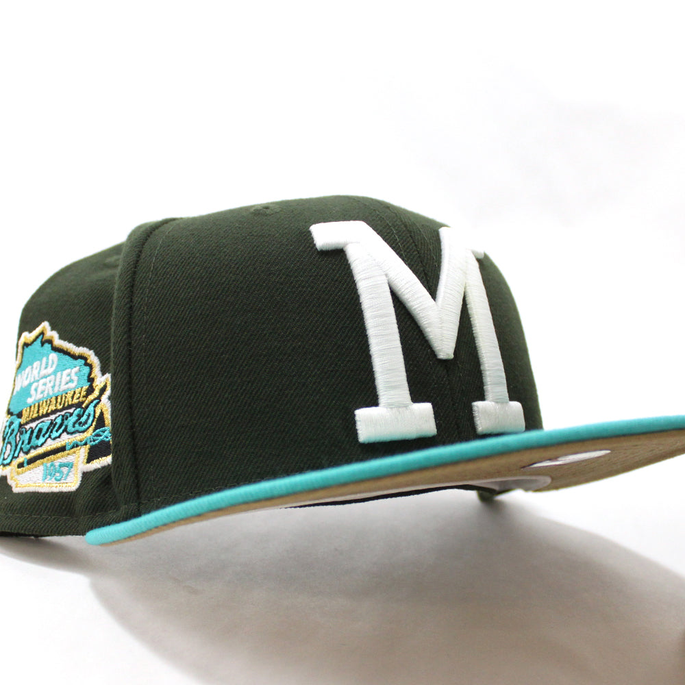 Milwaukee Braves 1957 WORLD SERIES New Era 59Fifty Fitted Hat (Menthol Pack  Dark Seaweed Teal Khaki Under Brim)
