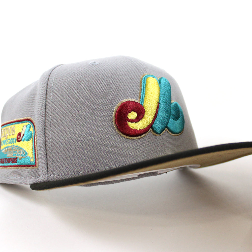 Montreal Expos Stadium New Era Fitted 59FIFTY Hat (Gray Black Khaki Under BRIM) 7 1/8