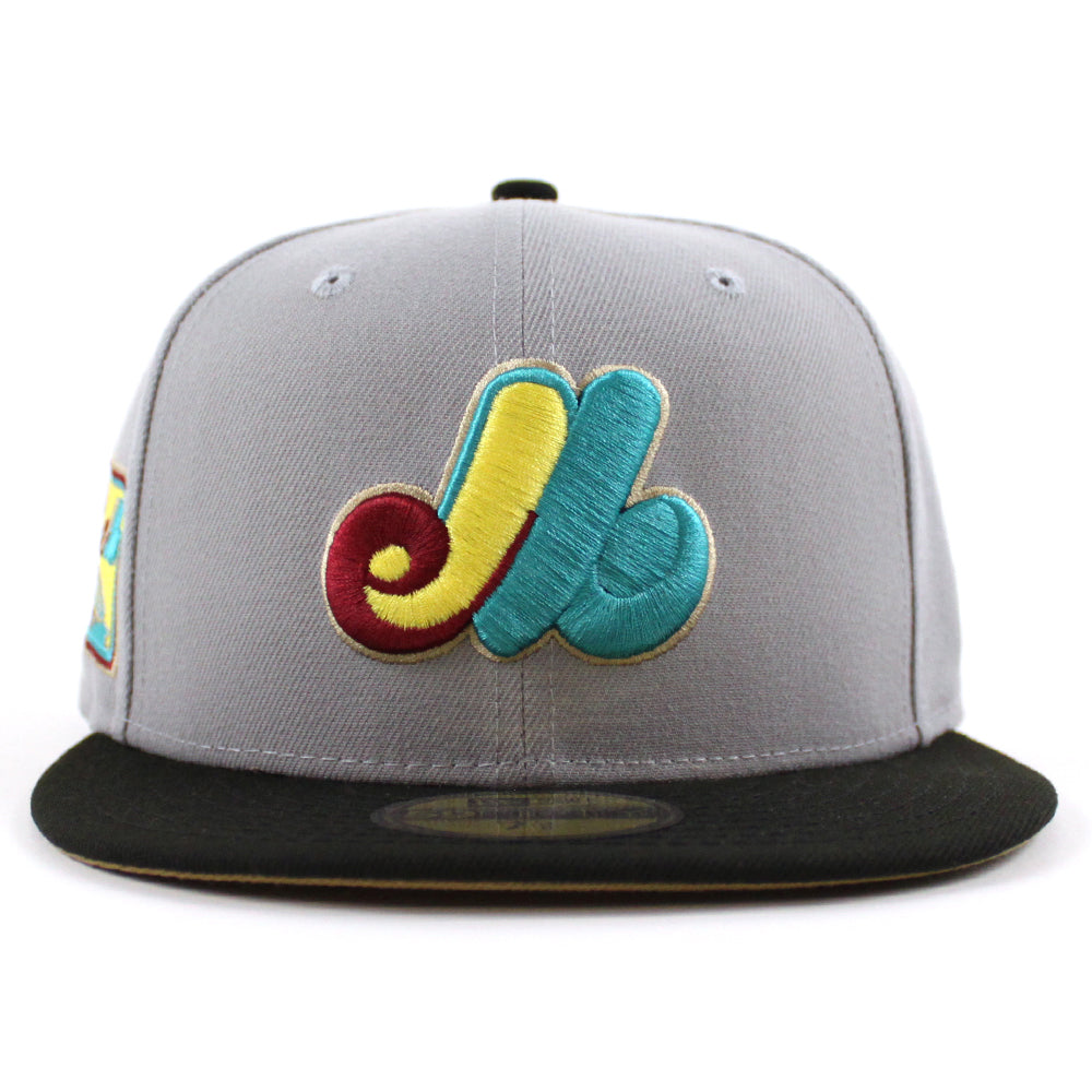 Montreal Expos Stadium New Era Fitted 59FIFTY Hat (Gray Black Khaki Under BRIM) 7 1/8