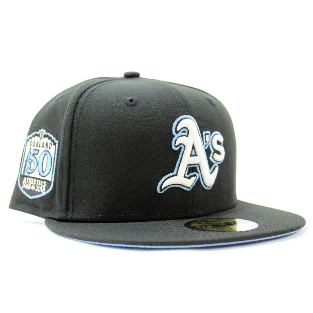 Oakland Athletics 50th Anniversary New Era 59Fifty Fitted Hat (Glow in the  Dark Black Sky Blue Under Brim)