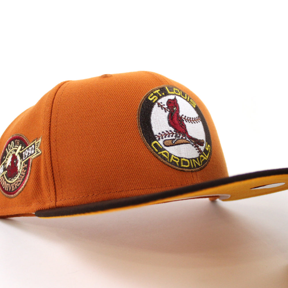 St. Louis Cardinals 100 Ann New Era 59FIFTY Fitted Hat (Glow in The Dark Orange Burnt Wood Gold Under BRIM) 7 1/8