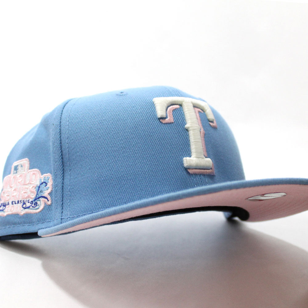 Texas Rangers 2011 Fall Classic World Series New Era 59Fifty Fitted Hat  (Glow in the Dark Sky Blue Pink Under Brim)