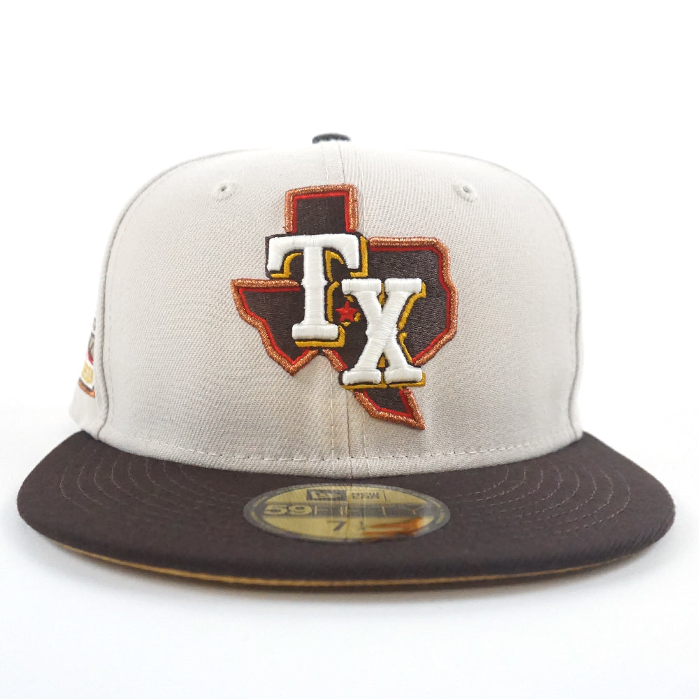 Texas Rangers 50th Anniversary New Era 59FIFTY Fitted Hat (Glow in The Dark Oceanside Peanut Pino Red Under BRIM) 7 1/8