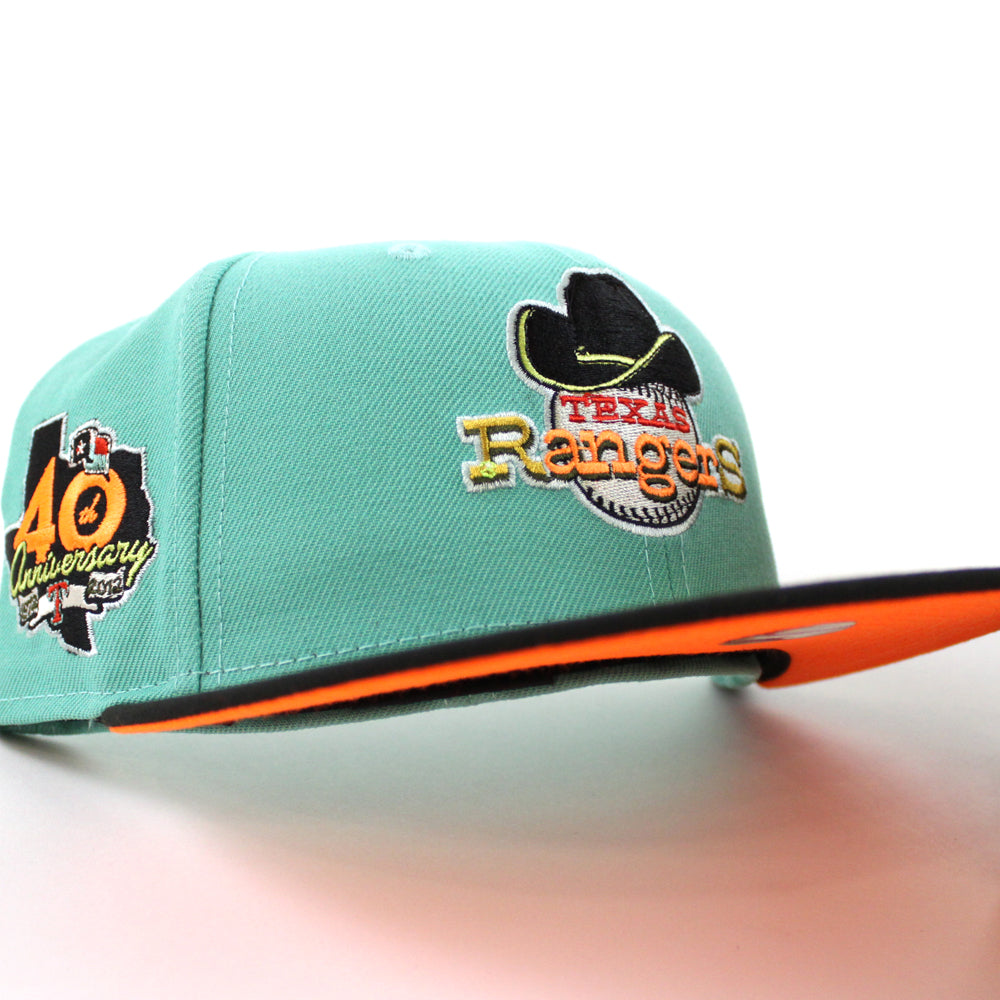Texas Rangers 40TH ANNIVERSARY New Era 59Fifty Fitted Hat (CLEAR MINT BLACK  HUNTER FLAME ORANGE Under Brim)