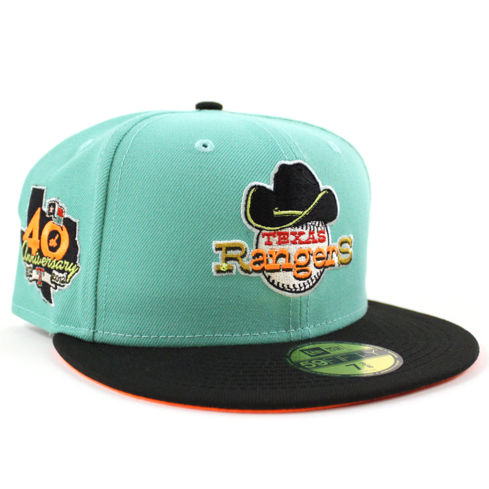 Texas Rangers 40TH ANNIVERSARY New Era 59Fifty Fitted Hat (CLEAR MINT BLACK  HUNTER FLAME ORANGE Under Brim)