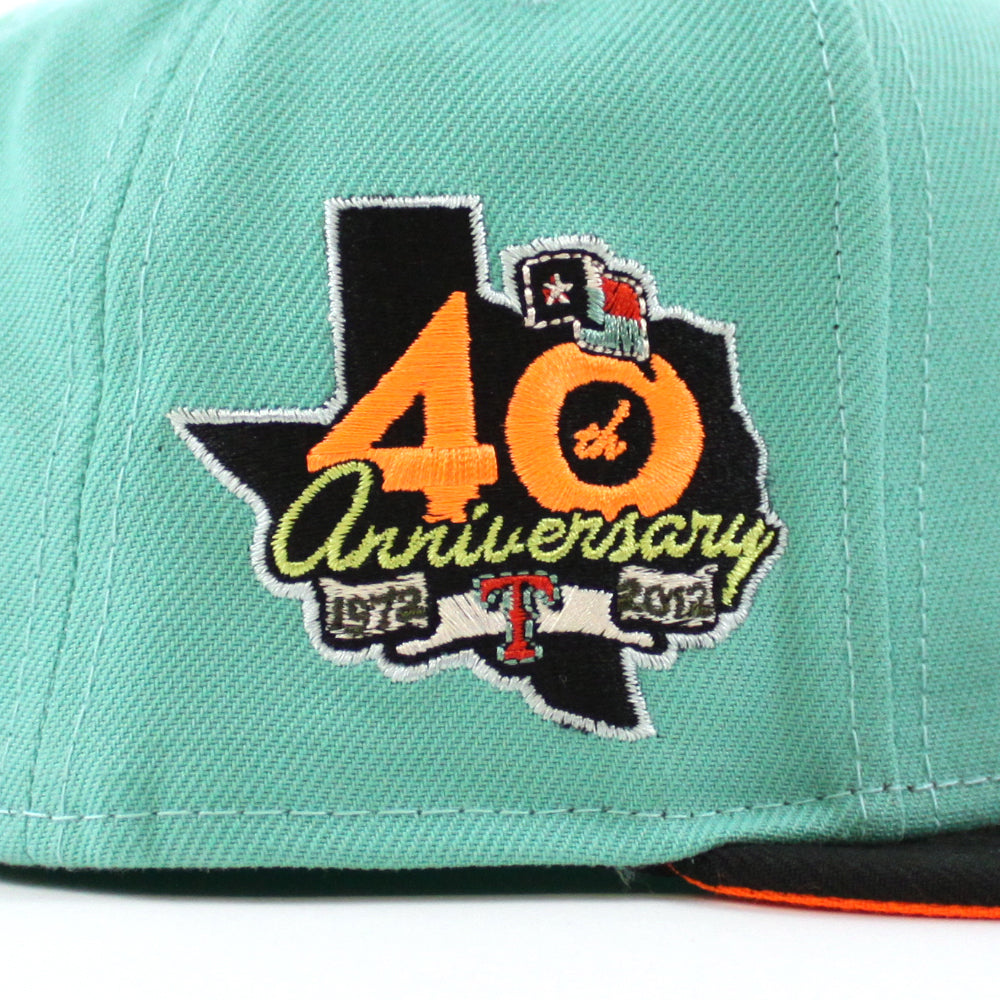 Texas Rangers 40TH ANNIVERSARY New Era 59Fifty Fitted Hat (CLEAR MINT BLACK  HUNTER FLAME ORANGE Under Brim)