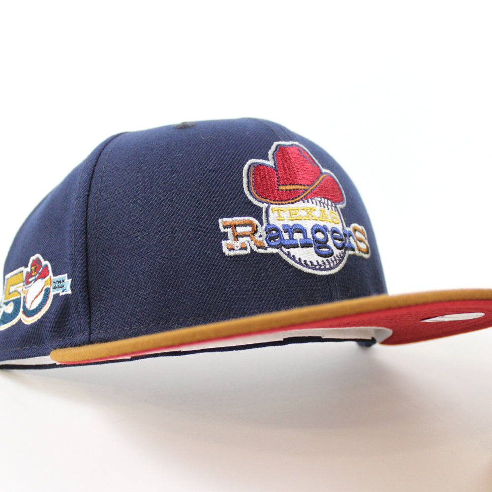 Texas Rangers 50th Anniversary New Era 59FIFTY Fitted Hat (Glow in The Dark Oceanside Peanut Pino Red Under BRIM) 7 1/8