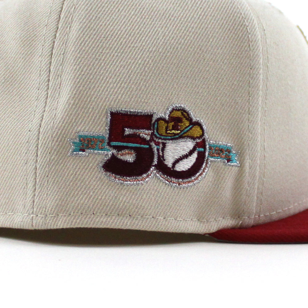 Texas Rangers 50th Anniversary New Era 59FIFTY Fitted Hat (Glow in The Dark Oceanside Peanut Pino Red Under BRIM) 7 1/8