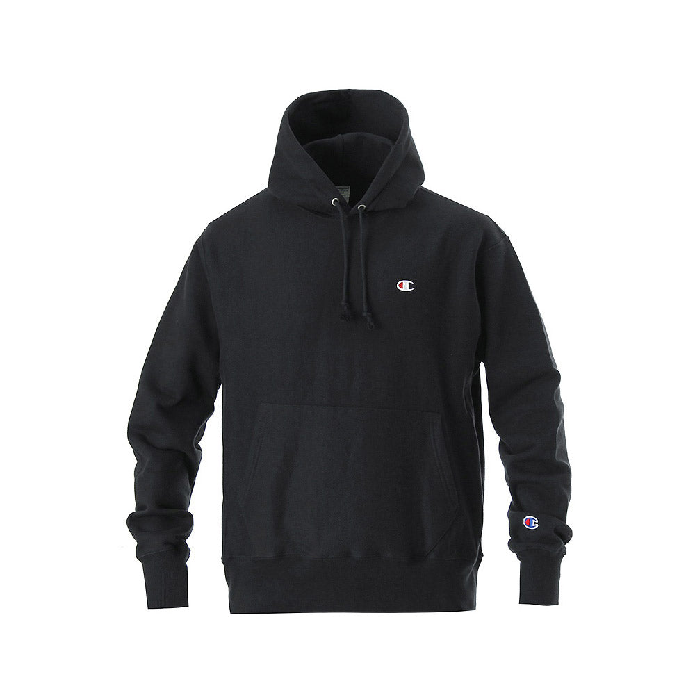 CHAMPION REVERSE WEAVE LOGO PULL OVER HOODIE Black ECAPCITY