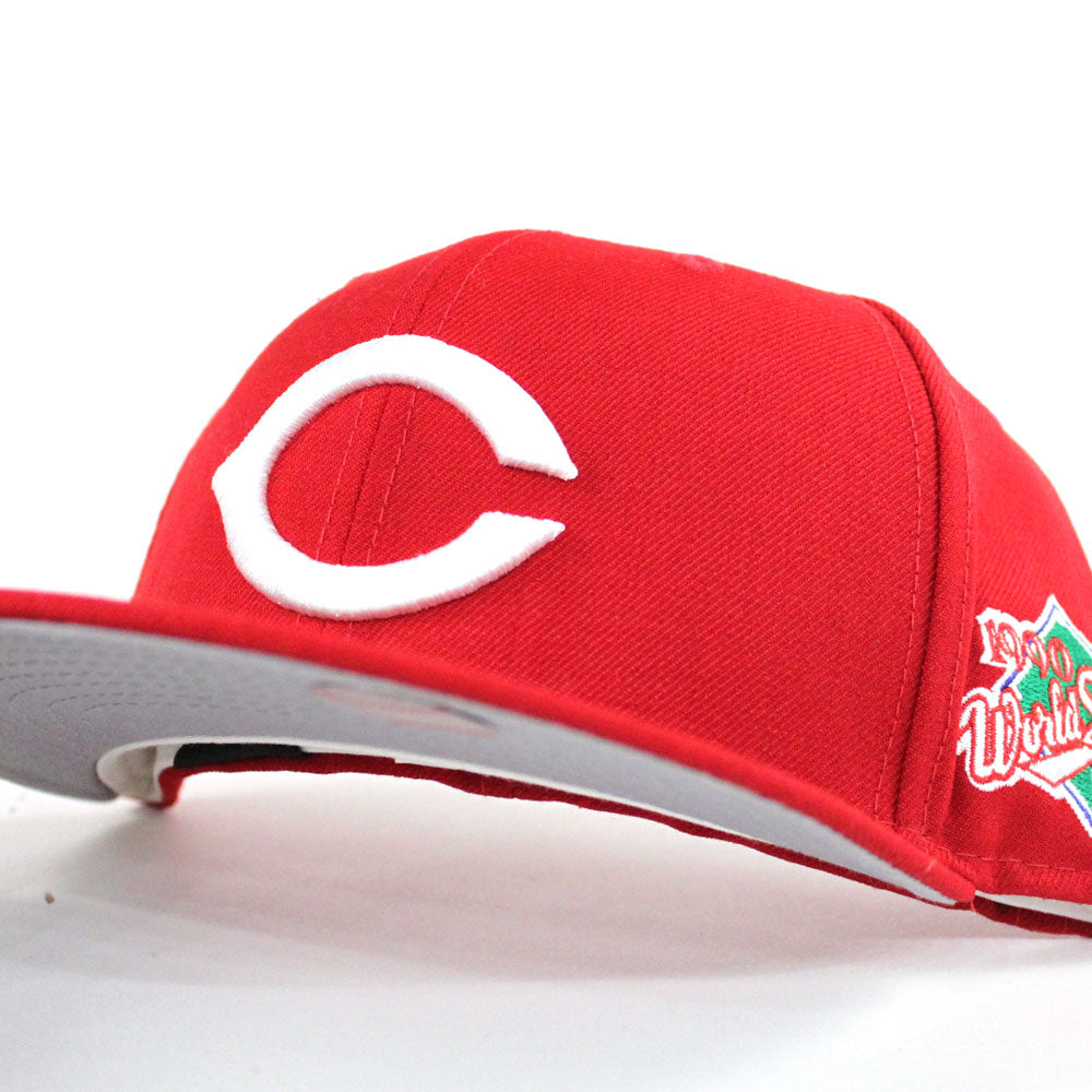 Cincinnati Reds 1990 World Series New Era 59FIFTY Fitted Hats (Red Gray Under BRIM) - Reds Coopers Town Fitteds – Retro Reds Green Underbrim 5950 Caps