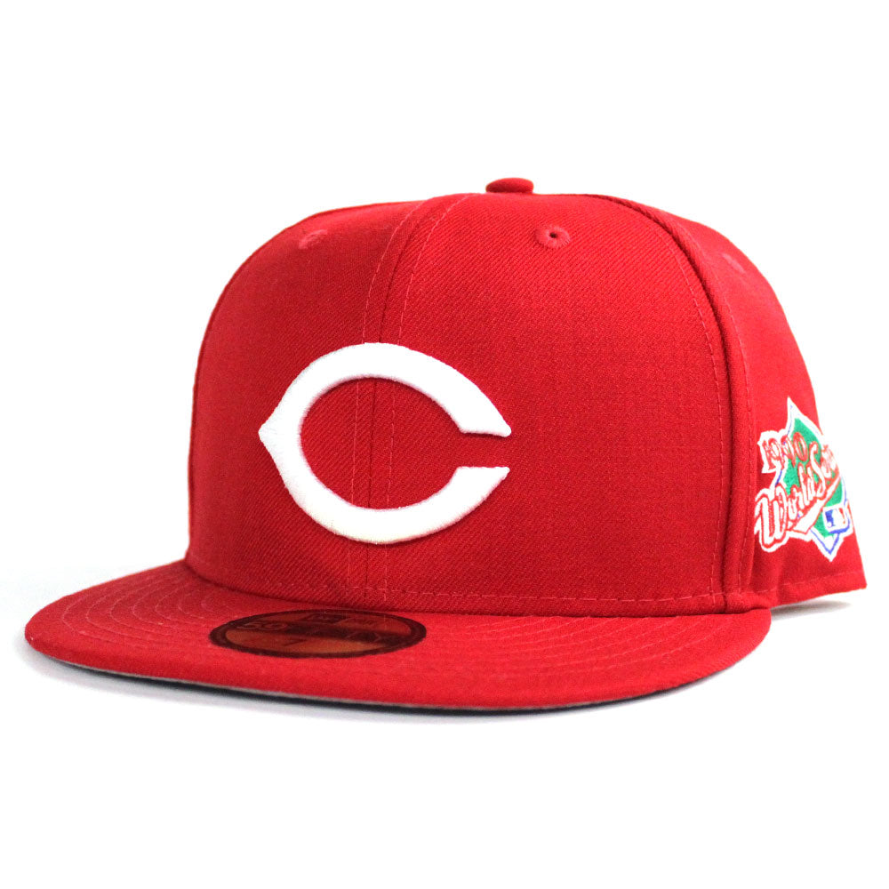 Cincinnati Reds 1990 World Series New Era 59FIFTY Fitted Hats (Red Gray Under BRIM) - Reds Coopers Town Fitteds – Retro Reds Green Underbrim 5950 Caps