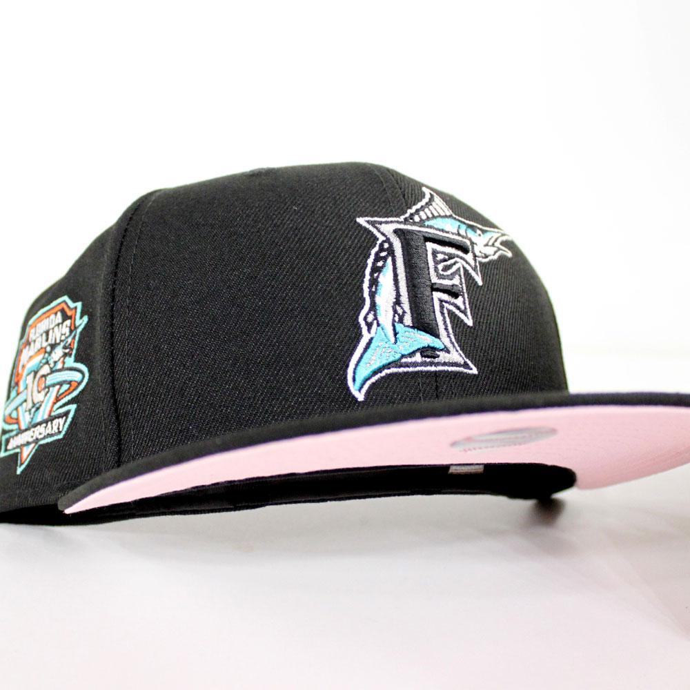 Florida Marlins 10 ANNIVERSARY Patch New Era 59Fifty Fitted Hat Black PINK Under brim Marlins 10 ANNIVERSARY Fitteds Custom PINK Bottom Caps ECAPCITY