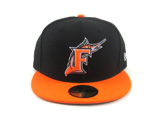 New Era Miami Marlins Hat 59Fifty Fitted 7 3/8 Cap Black Orange 100% Wool  GUC