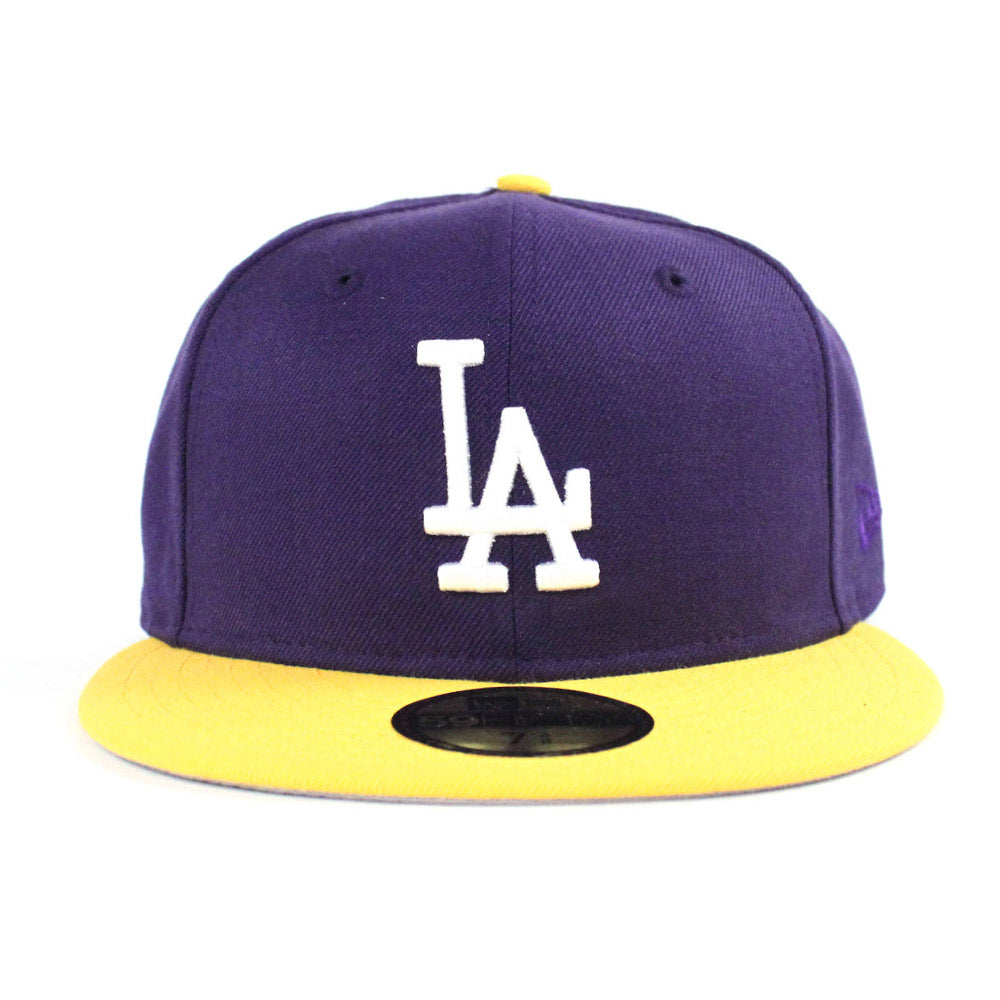 Los Angeles Dodgers New Era 59Fifty Fitted Hat Lakers Color Gray Under Brim LA Lakers Color way Fitteds Custom 59Fifty Caps ECAPCITY